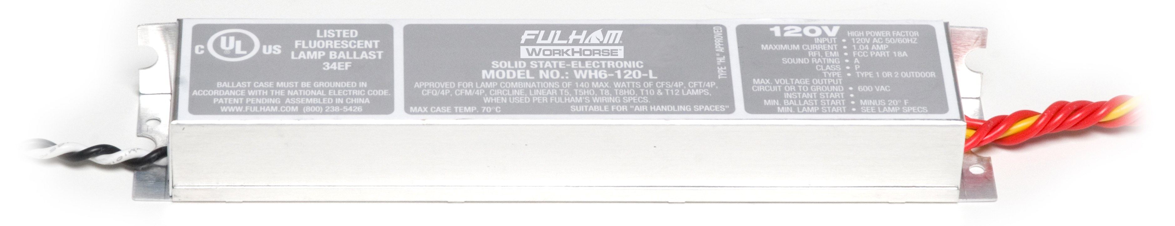 FULHAM® WorkHorse™ WH6-120-L Versatile Electronic Fluorescent Ballast, T5HO Fluorescent Lamp, 35/39 W Lamp, 120 V AC, Instant, 1.15 Ballast Factor - 